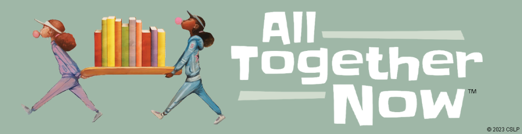 Banner with two girls carrying a load of books reading "All together now" 