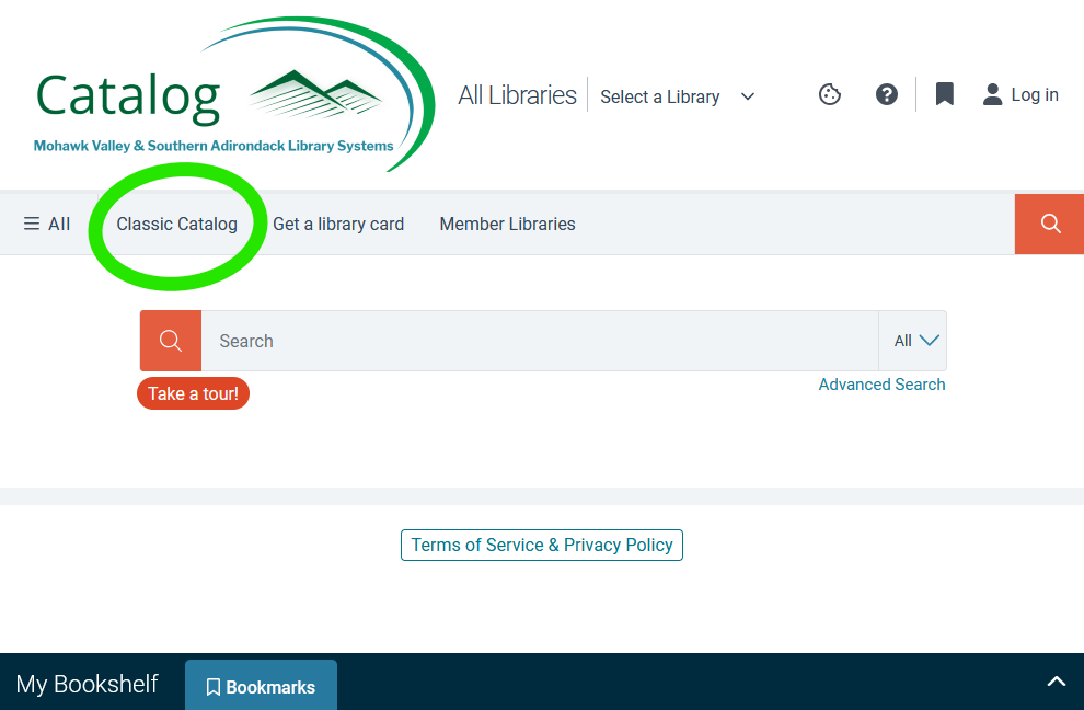 screenshot of new catalog, with "Classic Catalog" circled on the menu bar between All and Get a Library Card