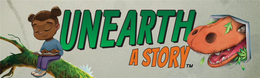 Unearth a Story Banner with a young girl sitting on a tree reading a book and a dinosaur head popping through a book on the other side