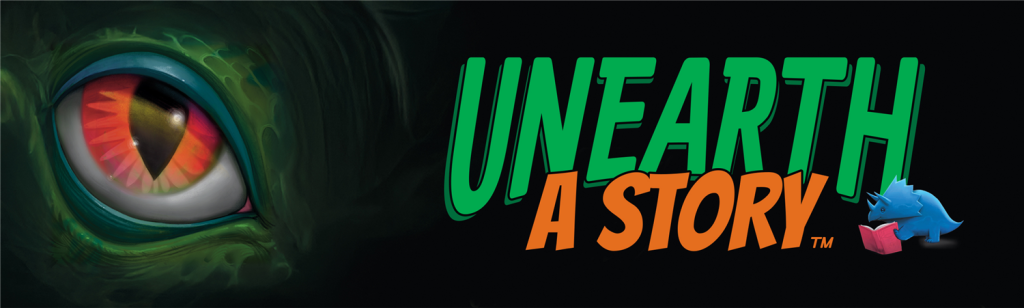 Unearth a Story Banner with a T-Rex eye in the left side and and a small blue stegosaurus reading a book.